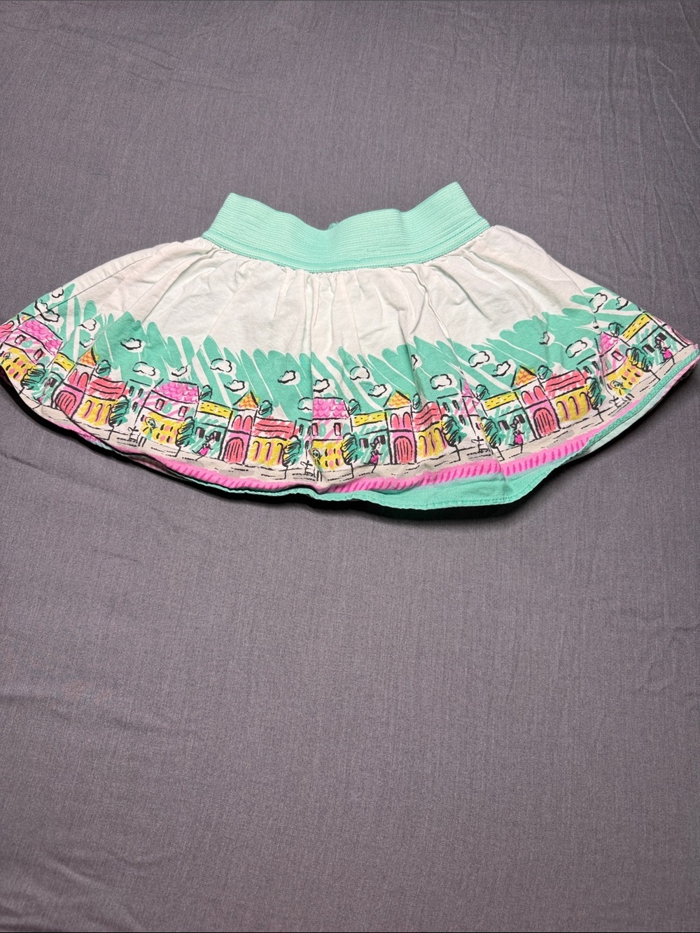 Nannette Kids Mint and White Circle Skirt with Colorful Cityscape Trim